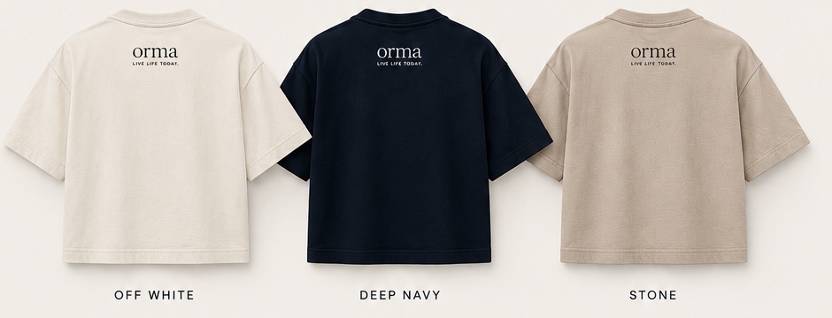 ORMA off-white, deep navy and stone signature box tees